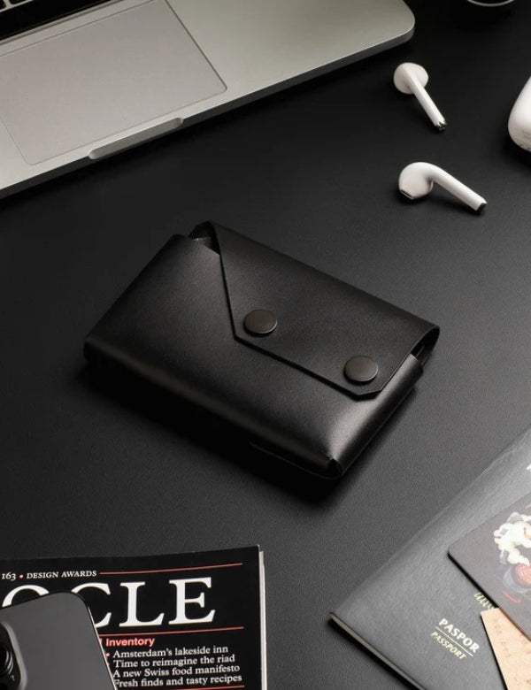 Leather passport wallet - Black with Black Button