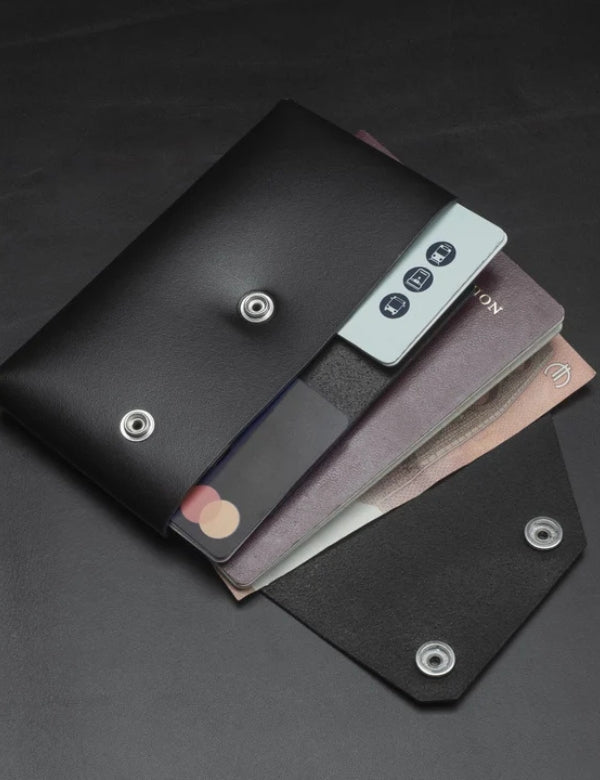 Leather passport wallet - Black with Black Button