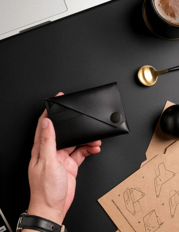 Leather wallet - Black with black button