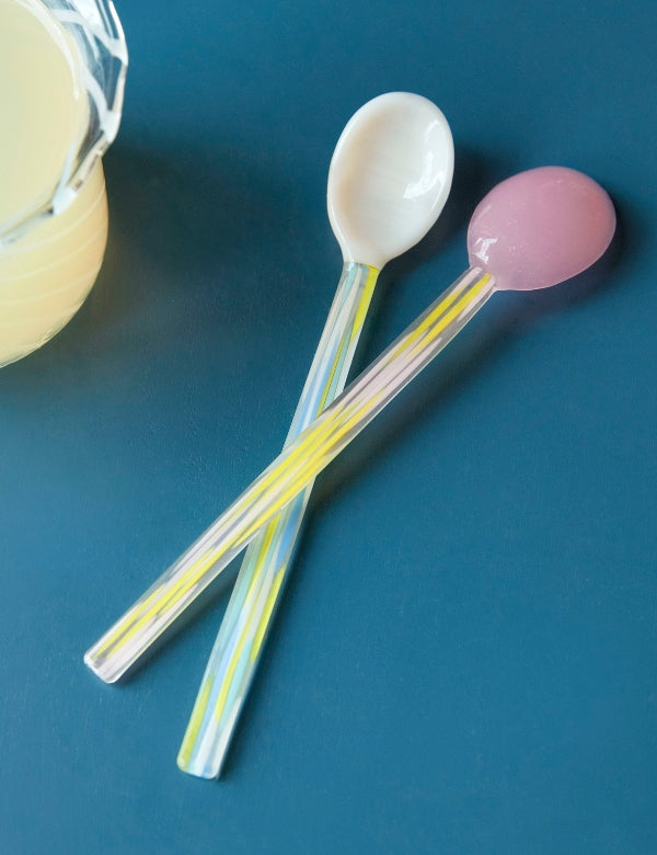 Glass spoons, light pink and white