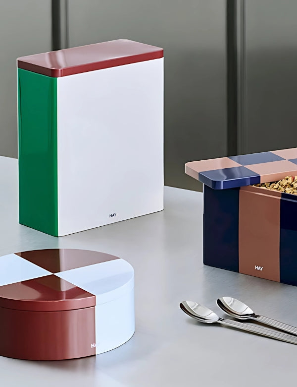 Tin Container - Off-white, burgundy and green